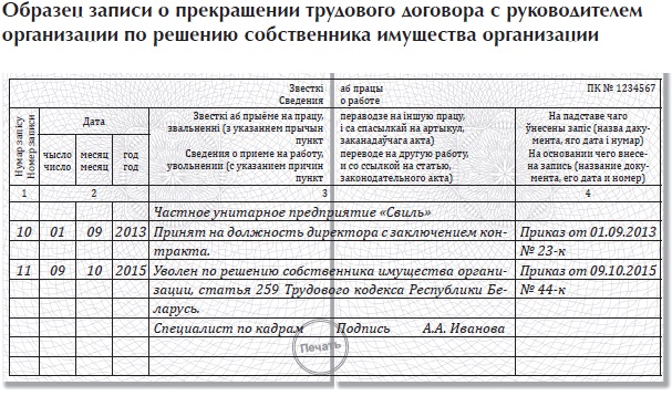 Увольнение генерального директора по собственному желанию запись в трудовой книжке образец