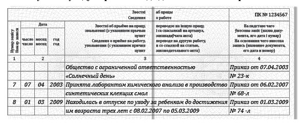 Запись в трудовой по уходу за ребенком до 14 лет образец